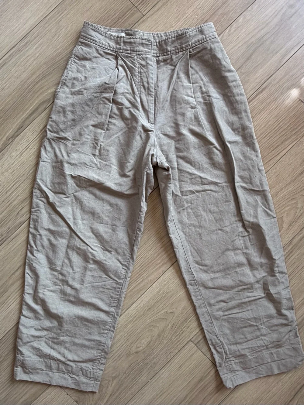 COS Womens Linen Cotton Blend Pleated High Rise Cropped Trousers Beige Sz 4